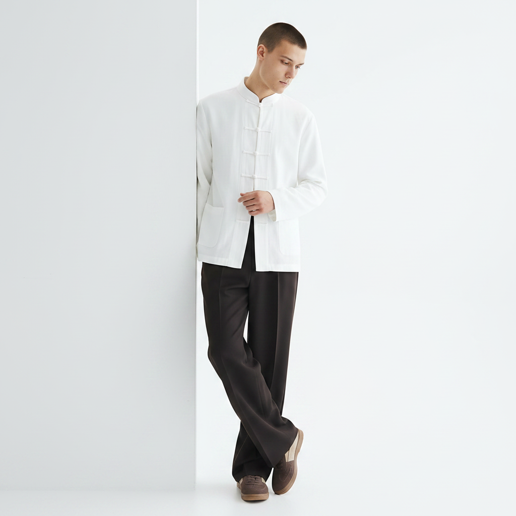 Cotton-Linen Long-Sleeve Overshirt on model - White front view