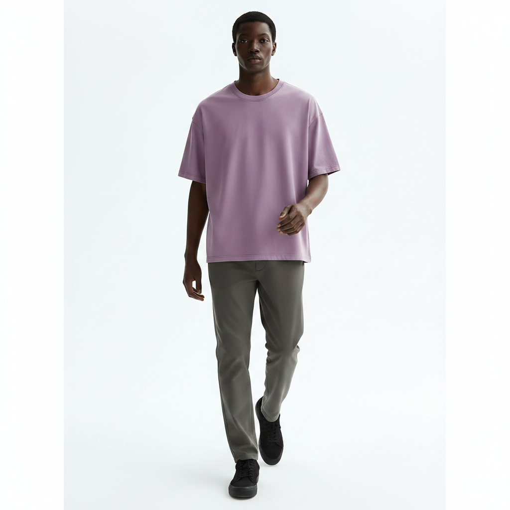 Sand-Washed Heavyweight Cotton T-Shirt on model - Purple front view