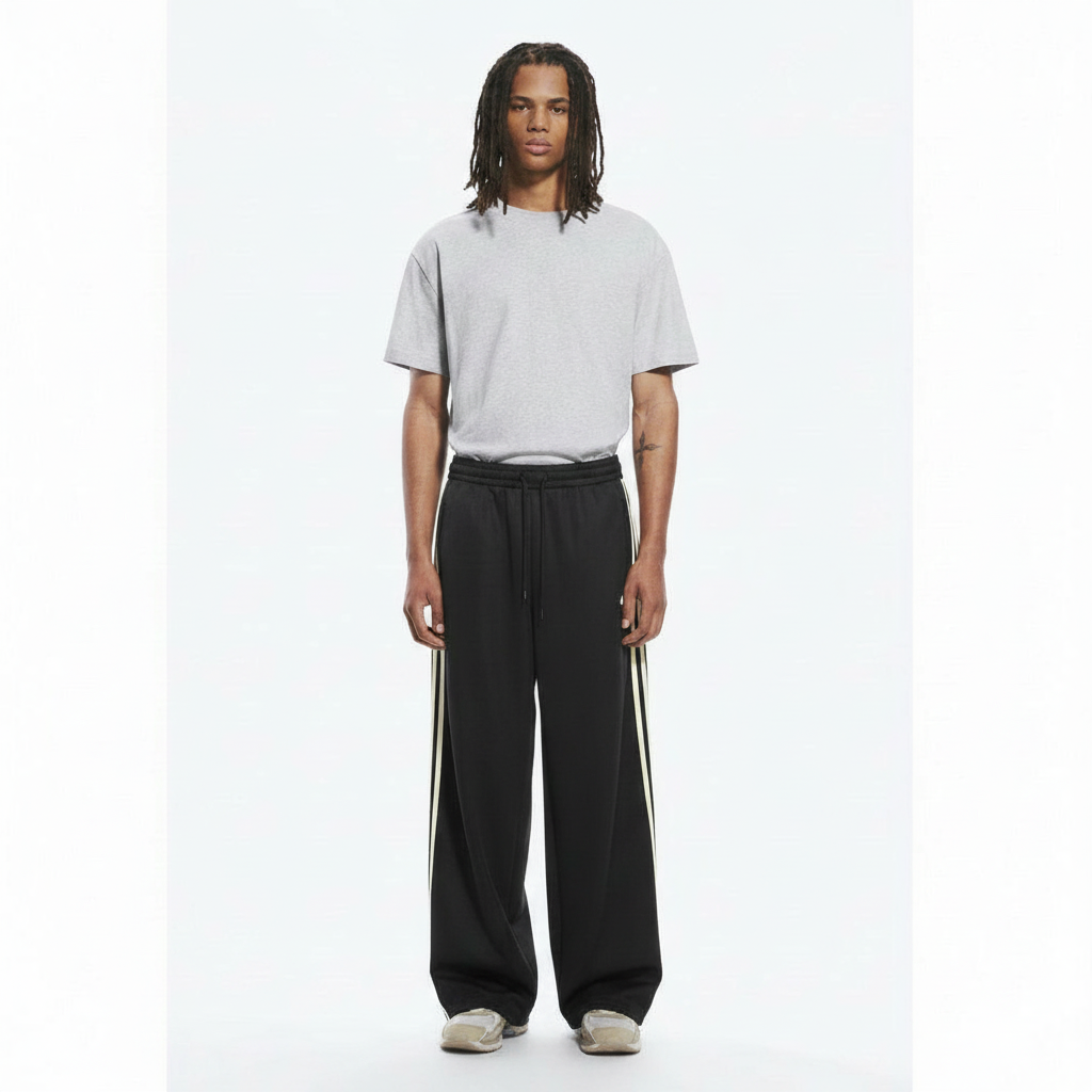 Striped Wide-Leg Pants Track on model - Black Thin front view