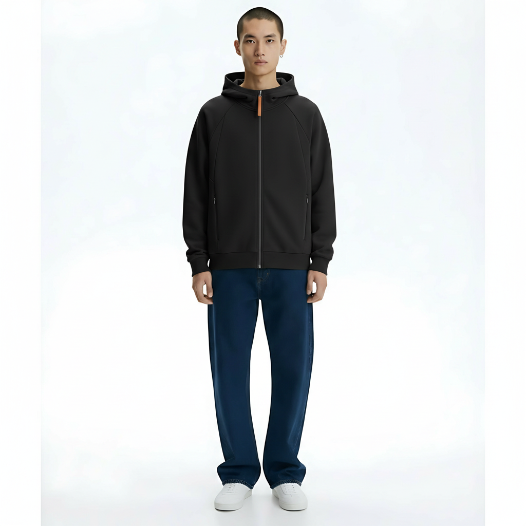 Heavyweight Zip-Up Cotton Hoodie on model - Black front view