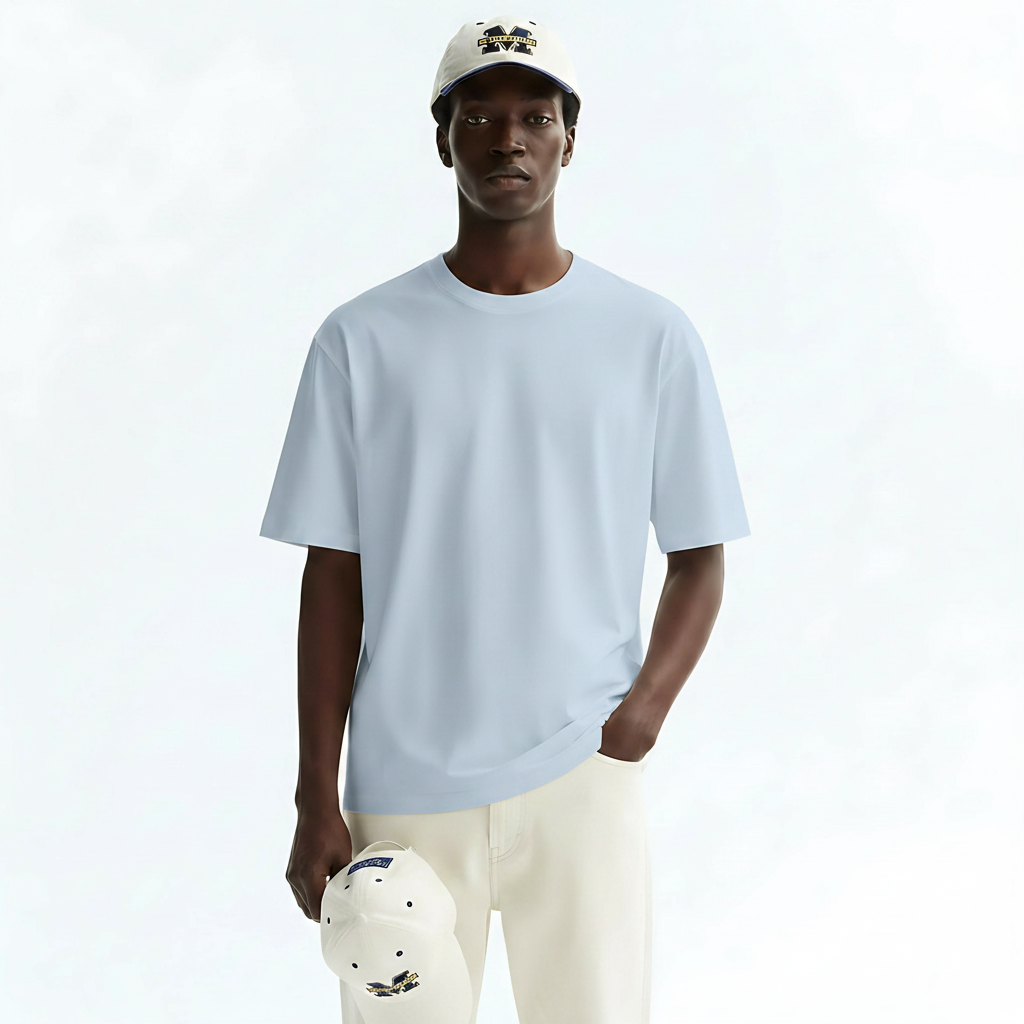 Short Sleeve T-Shirt Quick-Dry Cotton Blend on model - Blue front view