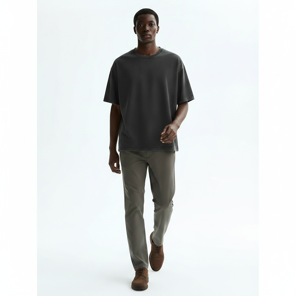 Sand-Washed Heavyweight Cotton T-Shirt on model - Dark Gray front view