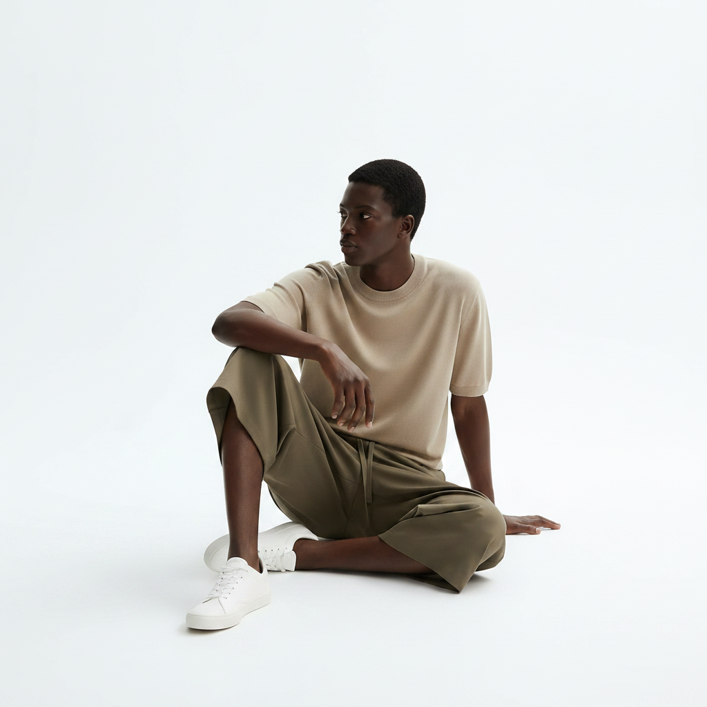 Short Sleeve Knit Sweater on model - Dark Khaki front view