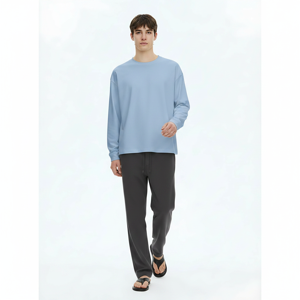Heavyweight Cotton Long-Sleeve T-Shirt 305g on model - Light Blue front view