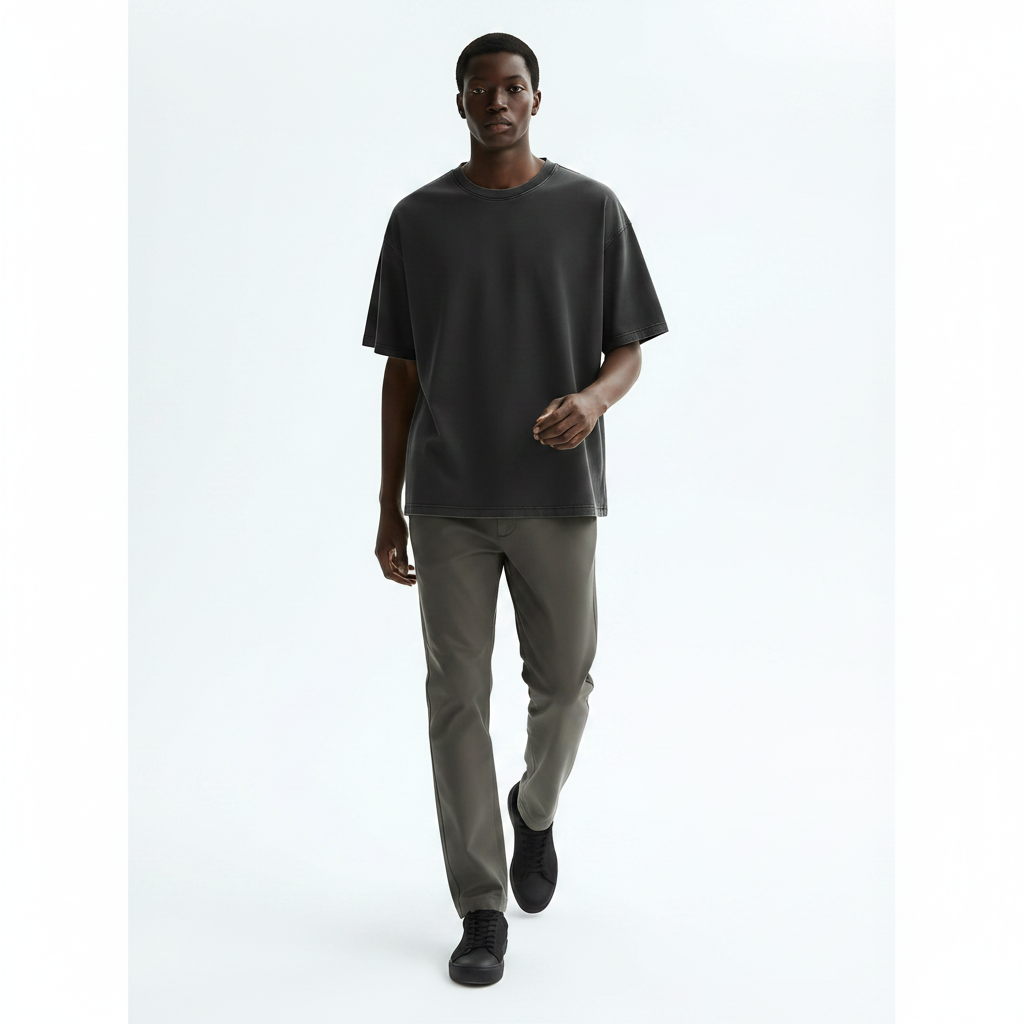 Sand-Washed Heavyweight Cotton T-Shirt on model - Black front view