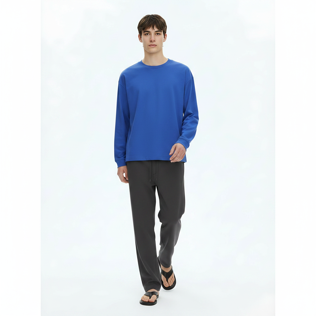 Heavyweight Cotton Long-Sleeve T-Shirt 305g on model - Blue front view