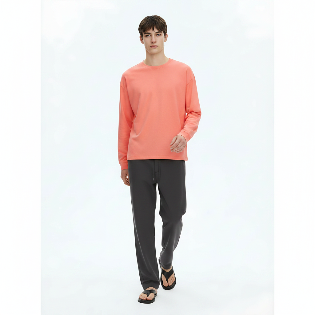 Heavyweight Cotton Long-Sleeve T-Shirt 305g on model - Red front view