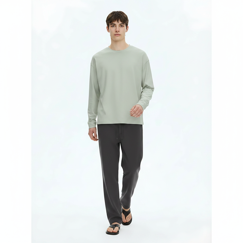 Heavyweight Cotton Long-Sleeve T-Shirt 305g on model - Sage Green front view