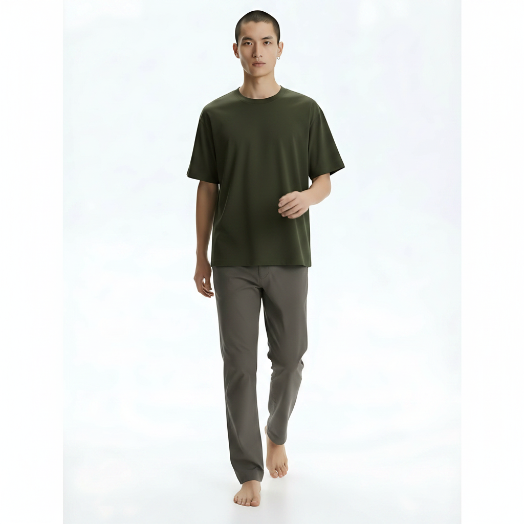 Honeycomb Tech Cotton-Blend T-Shirt on model - Olive Green front view