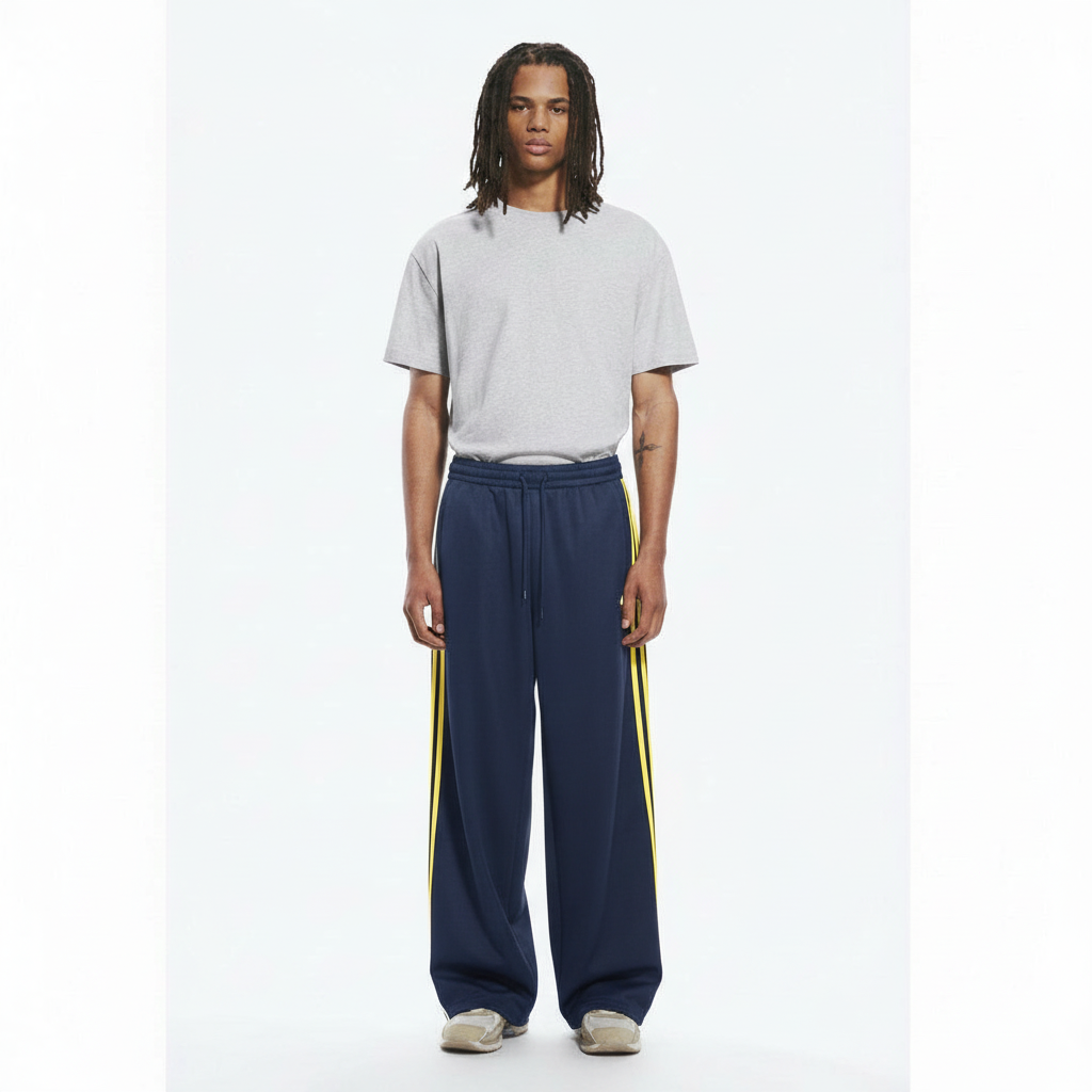 Striped Wide-Leg Pants Track on model - Blue Cashmere front view