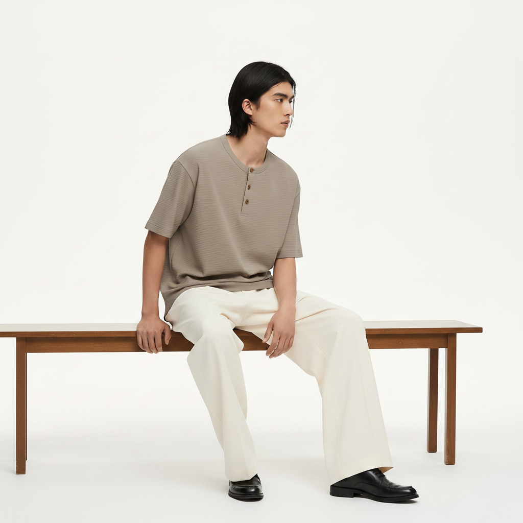 Henley T-Shirt Short Sleeve Oversized on model - Apricot front view