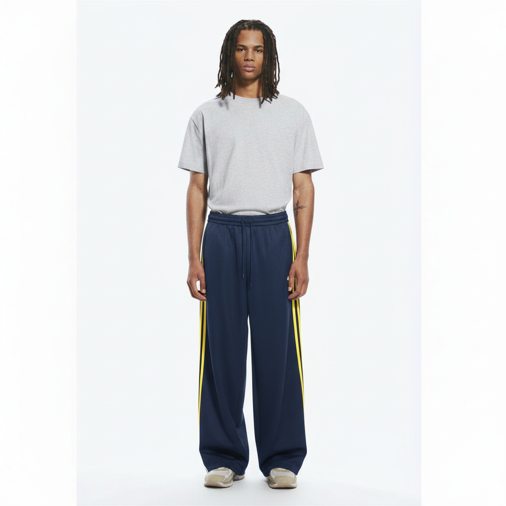 Striped Wide-Leg Pants Track on model - Blue front view