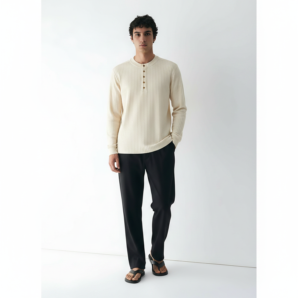Men's Henley T-Shirt Long-Sleeve Oversized on model - White front view
