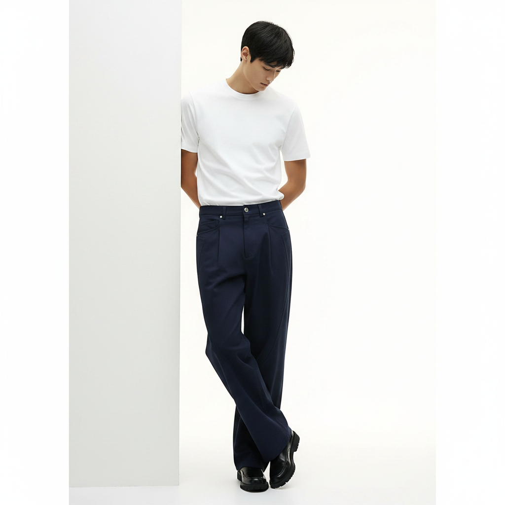 Casual Cotton Pants 100% on model - Blue front view