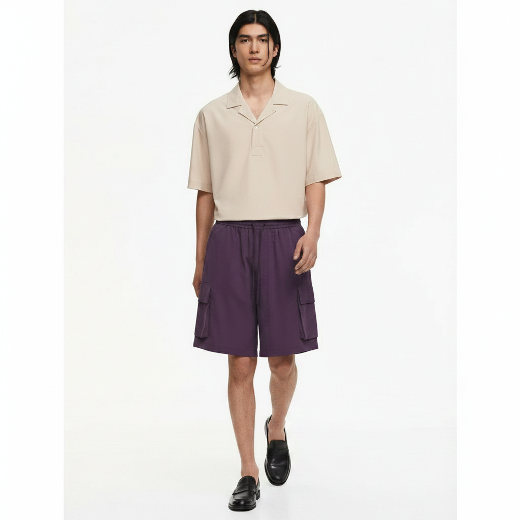 Mens Cargo Shorts Wrinkle-Textured on model - Purple front view