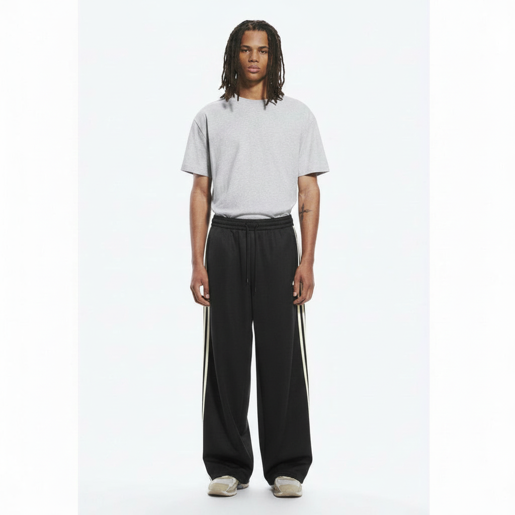 Striped Wide-Leg Pants Track on model - Black front view