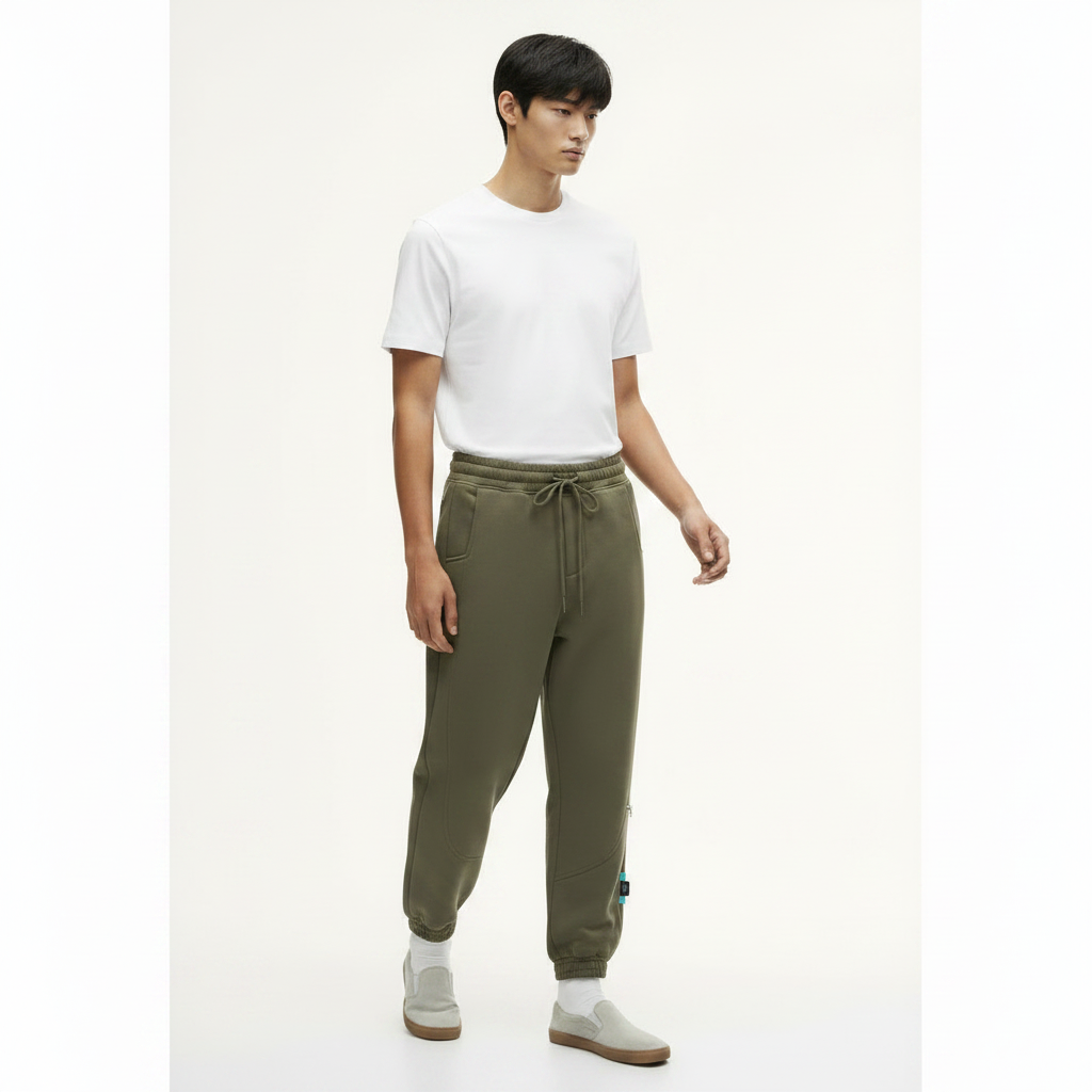 Fleece-Lined Sweatpants Tapered Fit on model - Khaki front view