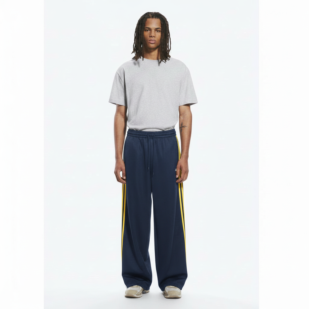 Striped Wide-Leg Pants Track on model - Blue Plush front view
