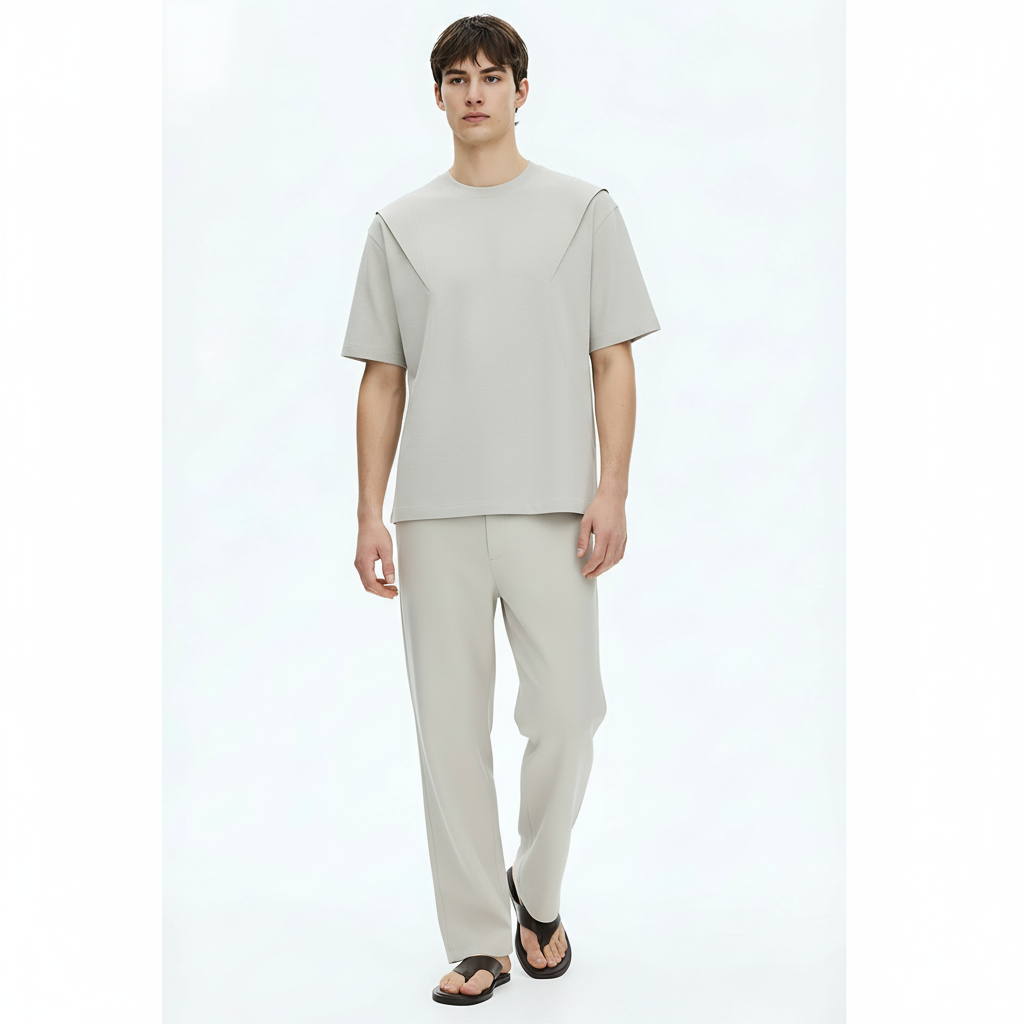 Heavyweight Patchwork T-Shirt on model - Heather Grey front view