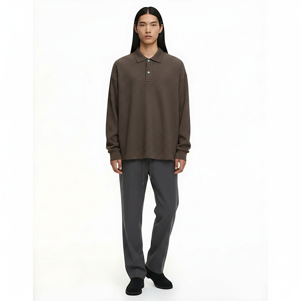Long-Sleeve Polo Shirt Italian Knit Collar on model - Brown front view