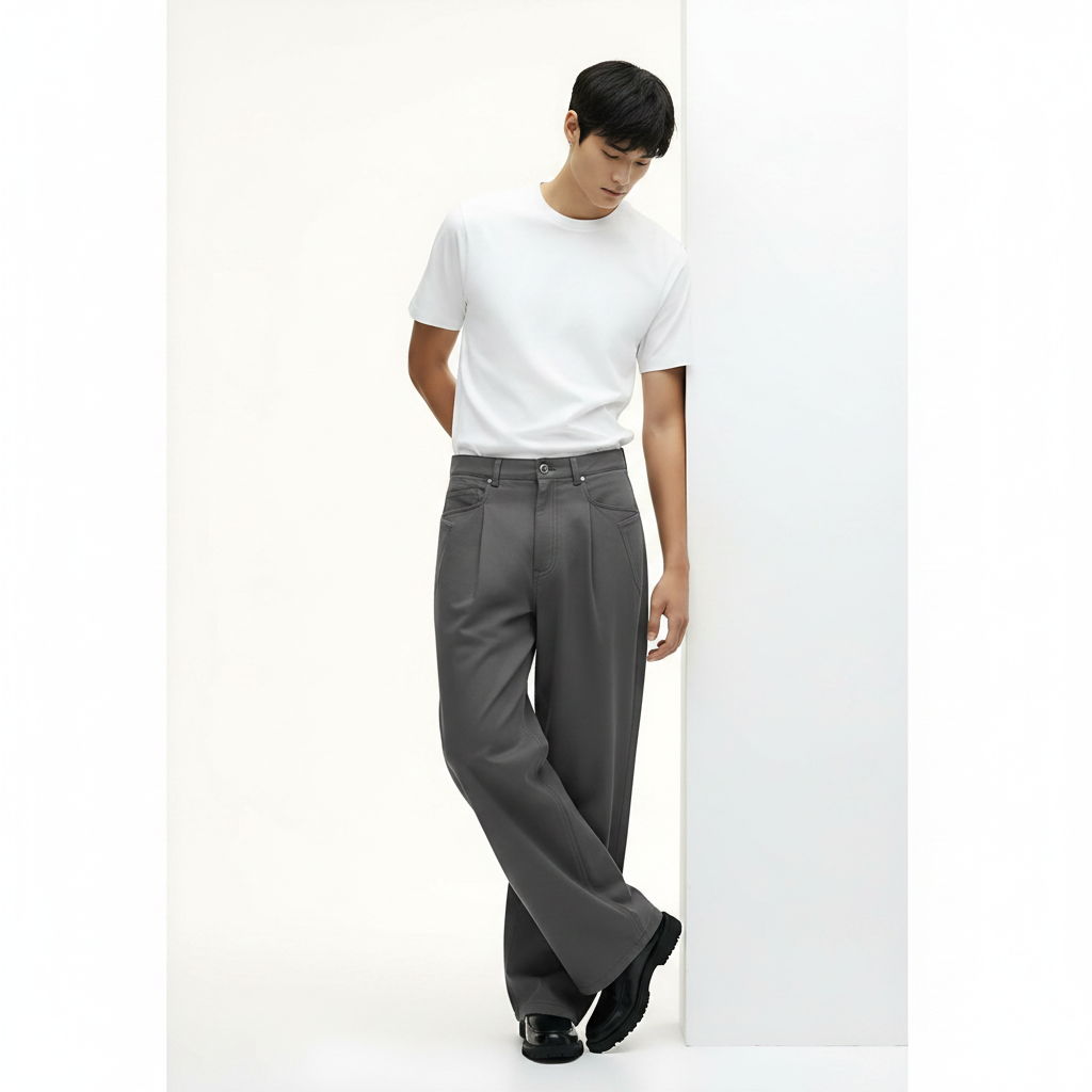 Casual Cotton Pants 100% on model - Charcoal Gray front view