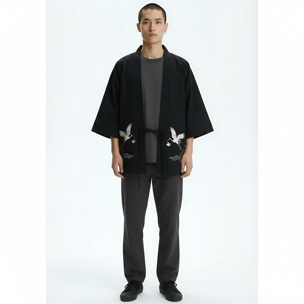 Kimono Jacket Cotton on model - Black front view