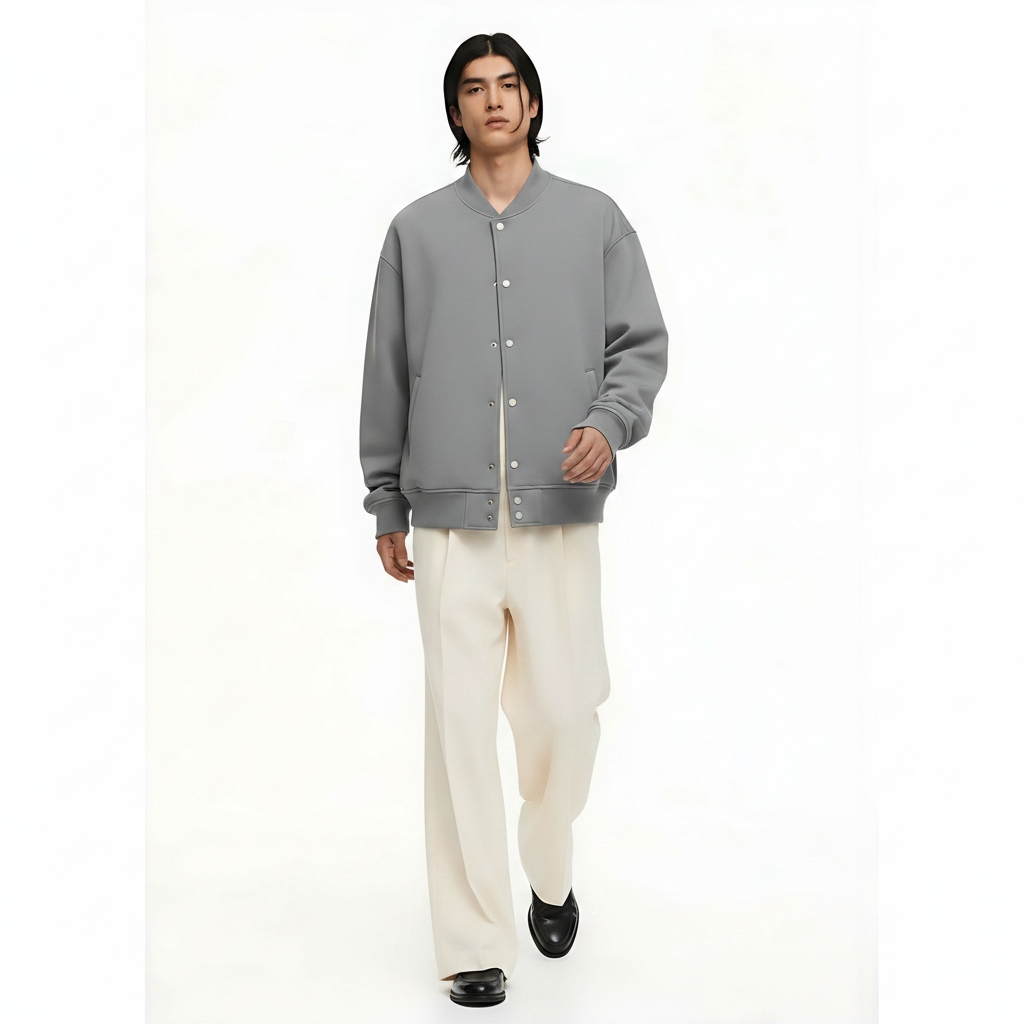Baseball Jacket Fleece-Lined on model - Gray front view