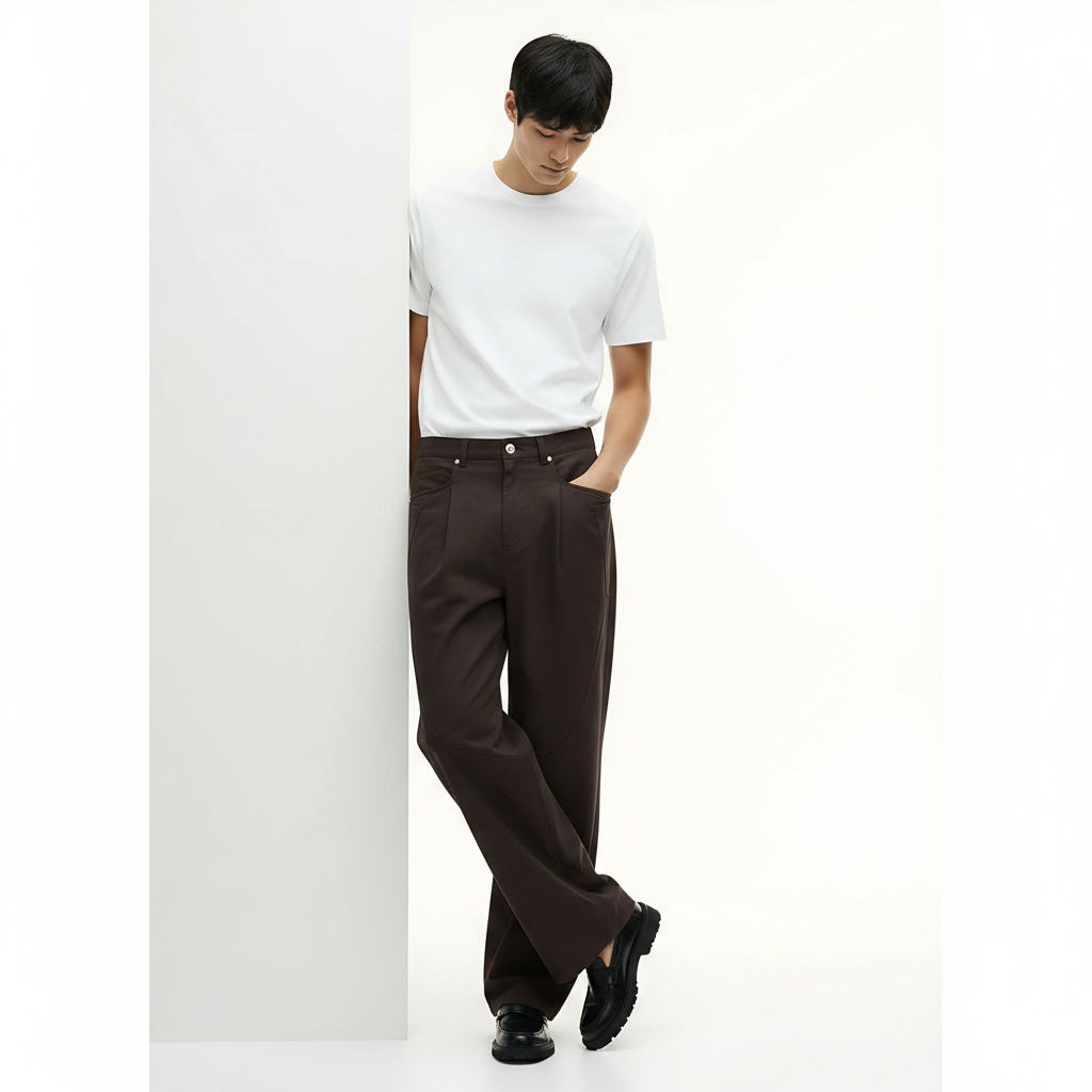 Casual Cotton Pants 100% on model - Brown front view