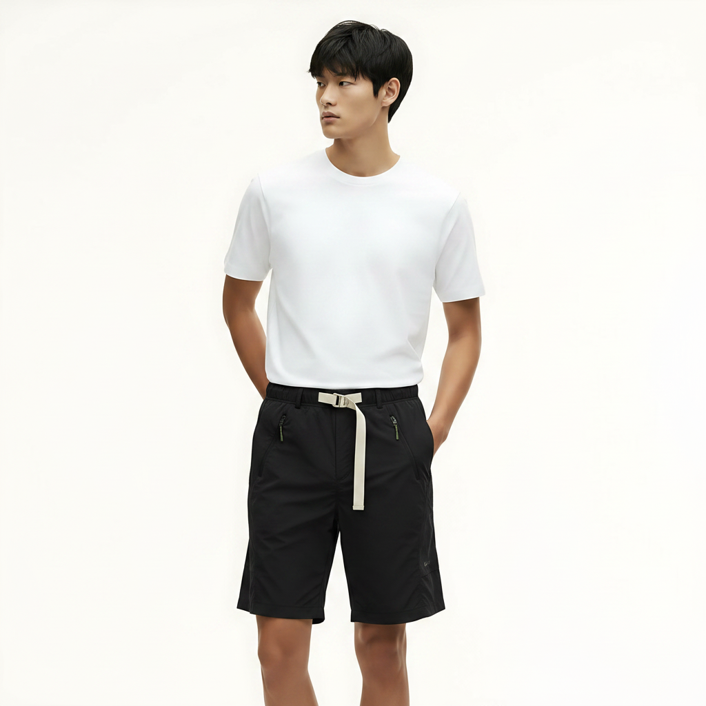 Drawstring Cargo Shorts on model - Black front view