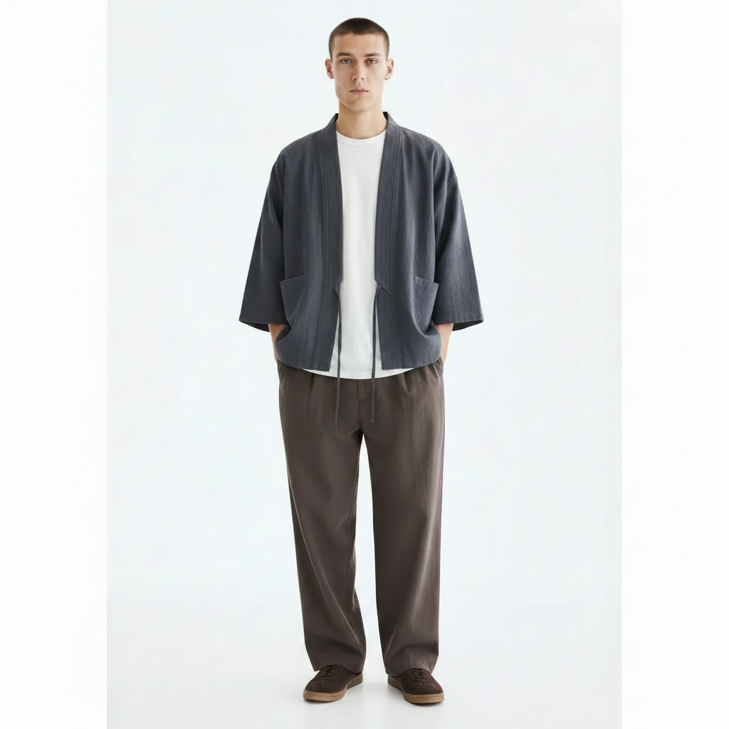 Cotton Linen Noragi Jacket on model - Grey front view