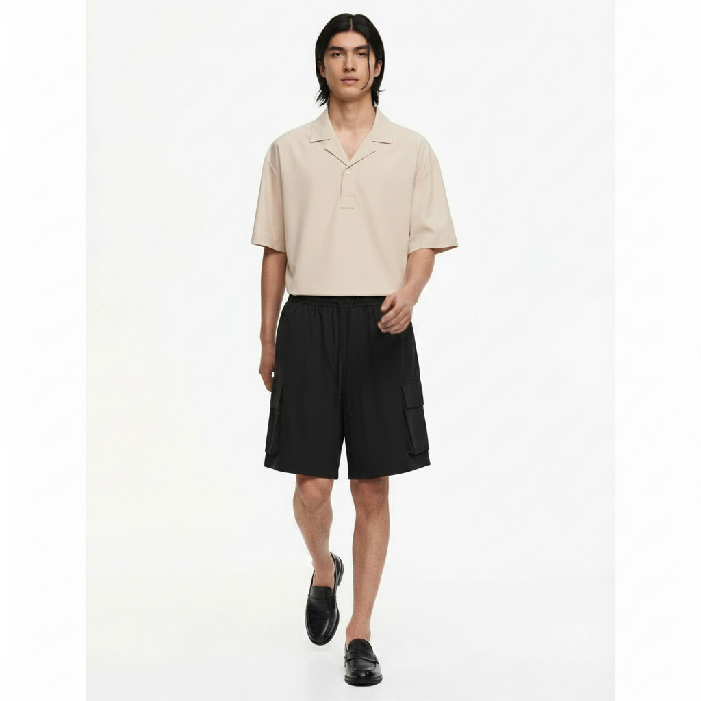 Mens Cargo Shorts Wrinkle-Textured on model - Black front view