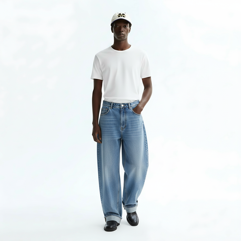 Washed Baggy Jeans on model - Dark Blue front view