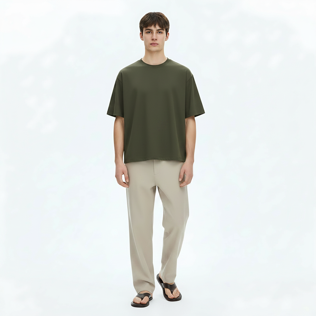 Heavyweight Shirt Cooling Tee on model - Olive Green front view