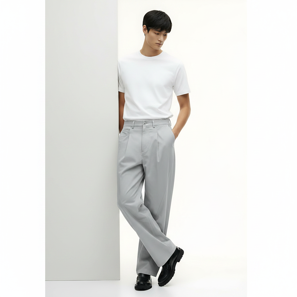 Casual Cotton Pants 100% on model - Light Gray front view
