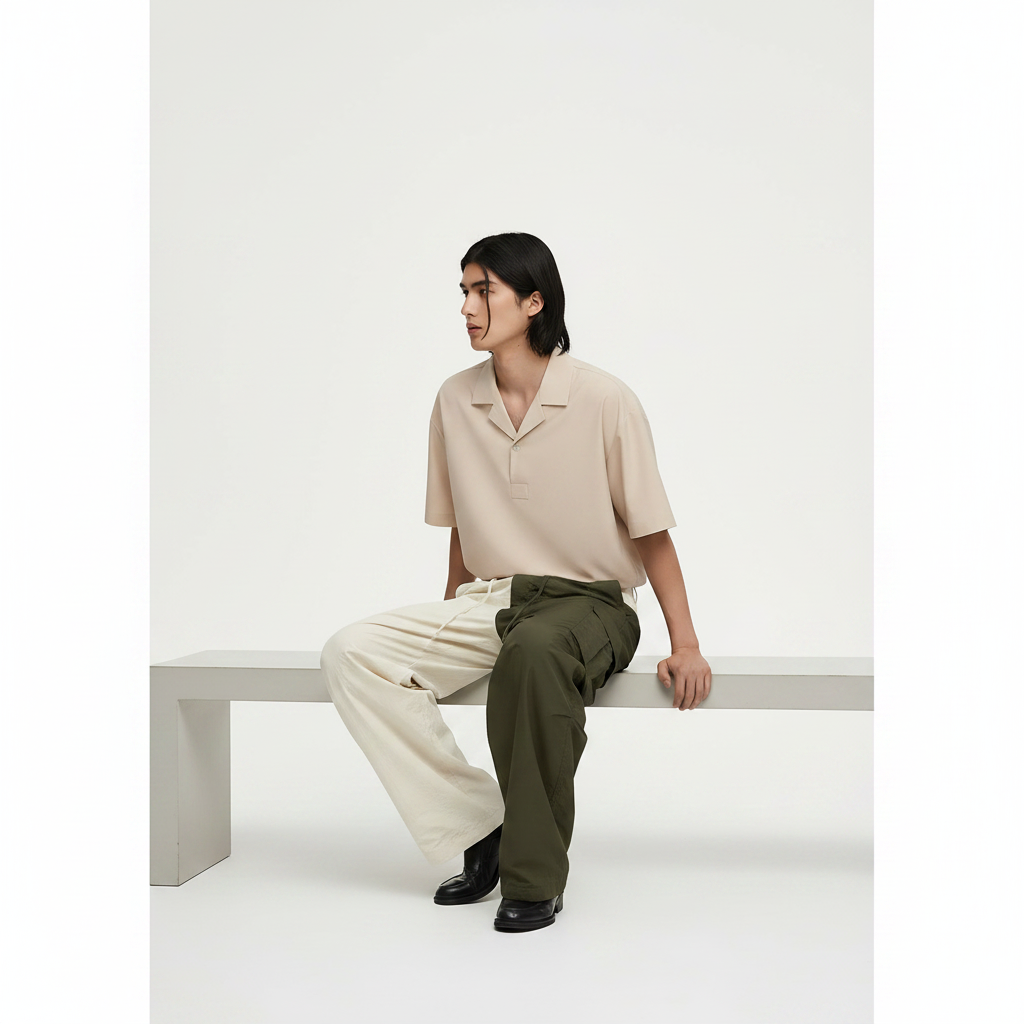 Wide-Leg Cargo Pants Lightweight Nylon on model - Green front view