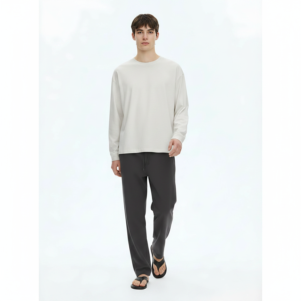 Heavyweight Cotton Long-Sleeve T-Shirt 305g on model - Oatmeal front view