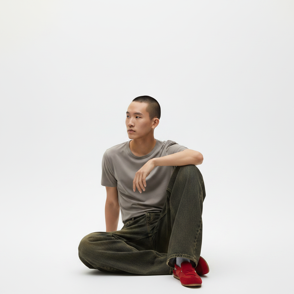 Straight Leg Pants Cotton Stretch on model - Distressed front view