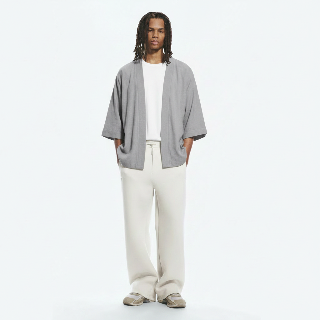 Open-Front Cotton Haori Jacket on model - Grey front view