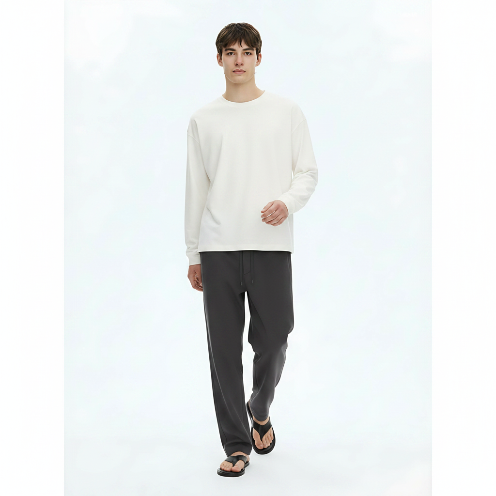 Heavyweight Cotton Long-Sleeve T-Shirt 305g on model - Ivory front view