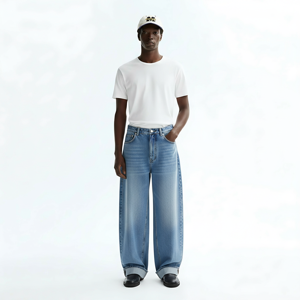 Washed Baggy Jeans on model - Light Blue front view