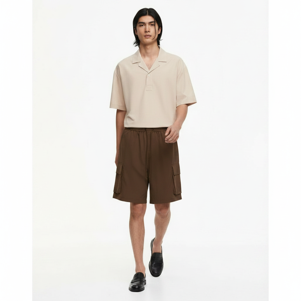 Mens Cargo Shorts Wrinkle-Textured on model - Brown front view
