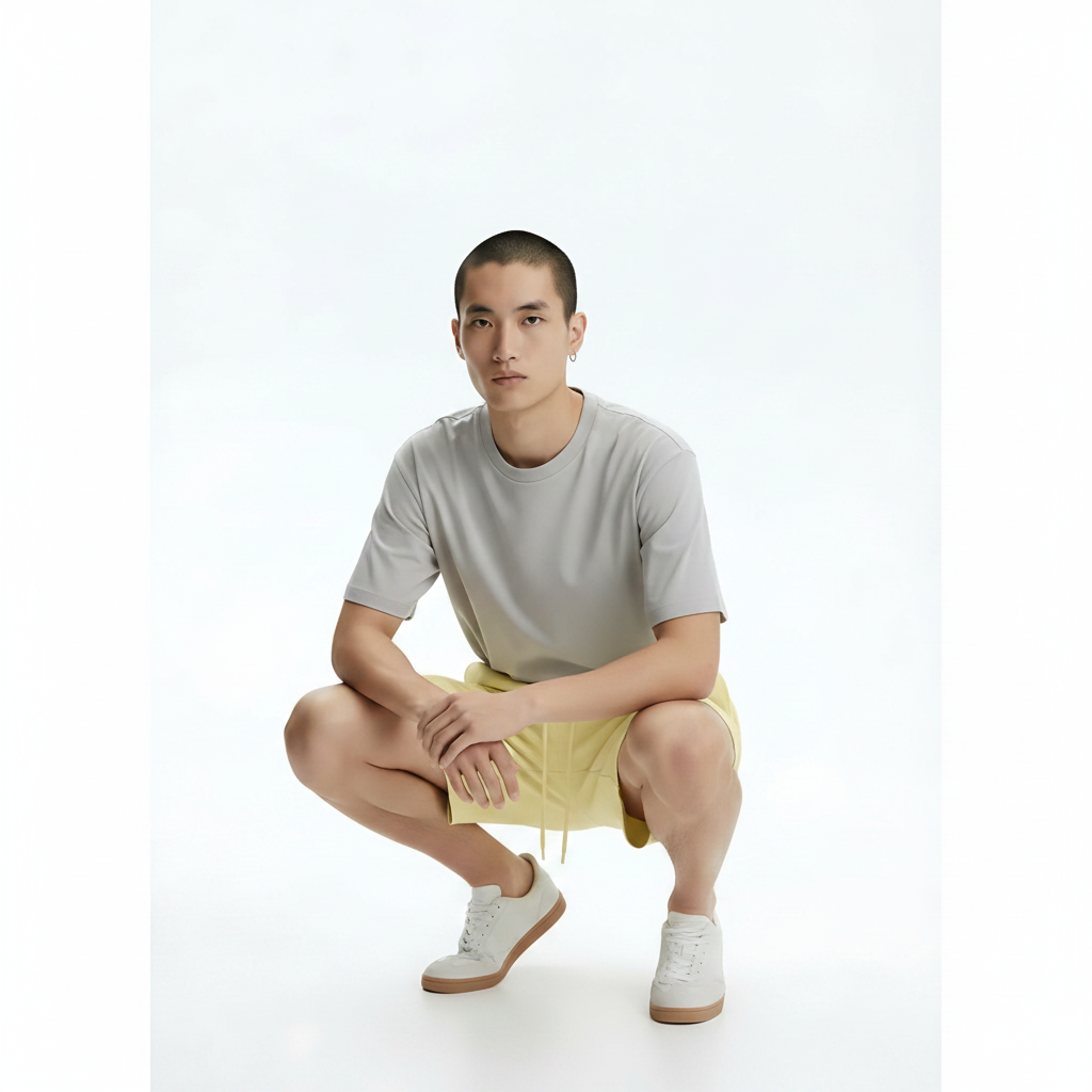 Oversized Shorts Heavyweight 100% Cotton on model - Yellow front view