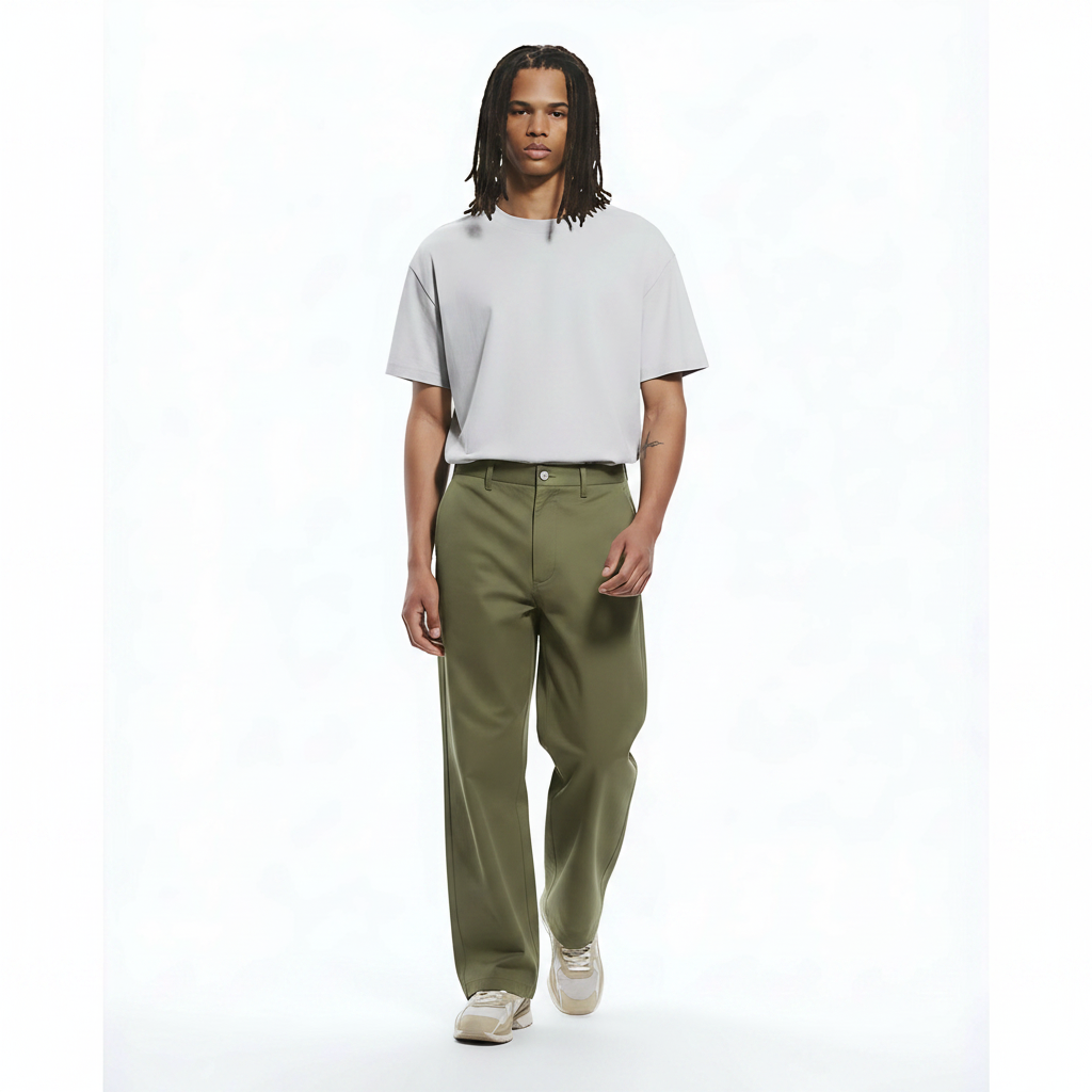 Cotton Cargo Pants Curved Stretch on model - Green front view