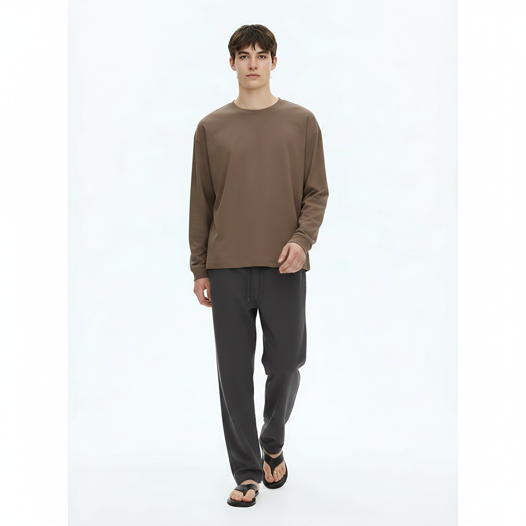 Heavyweight Cotton Long-Sleeve T-Shirt 305g on model - Brown front view