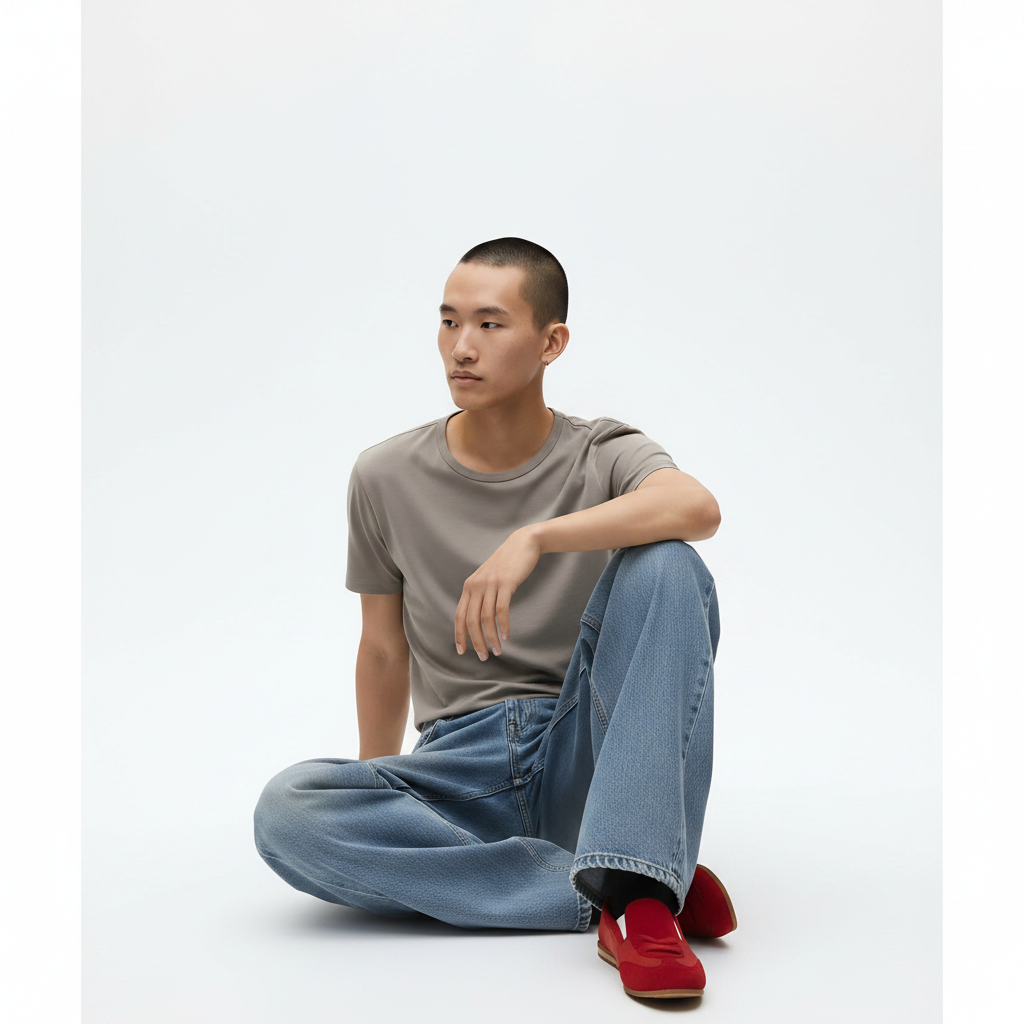 Straight Leg Pants Cotton Stretch on model - Blue front view