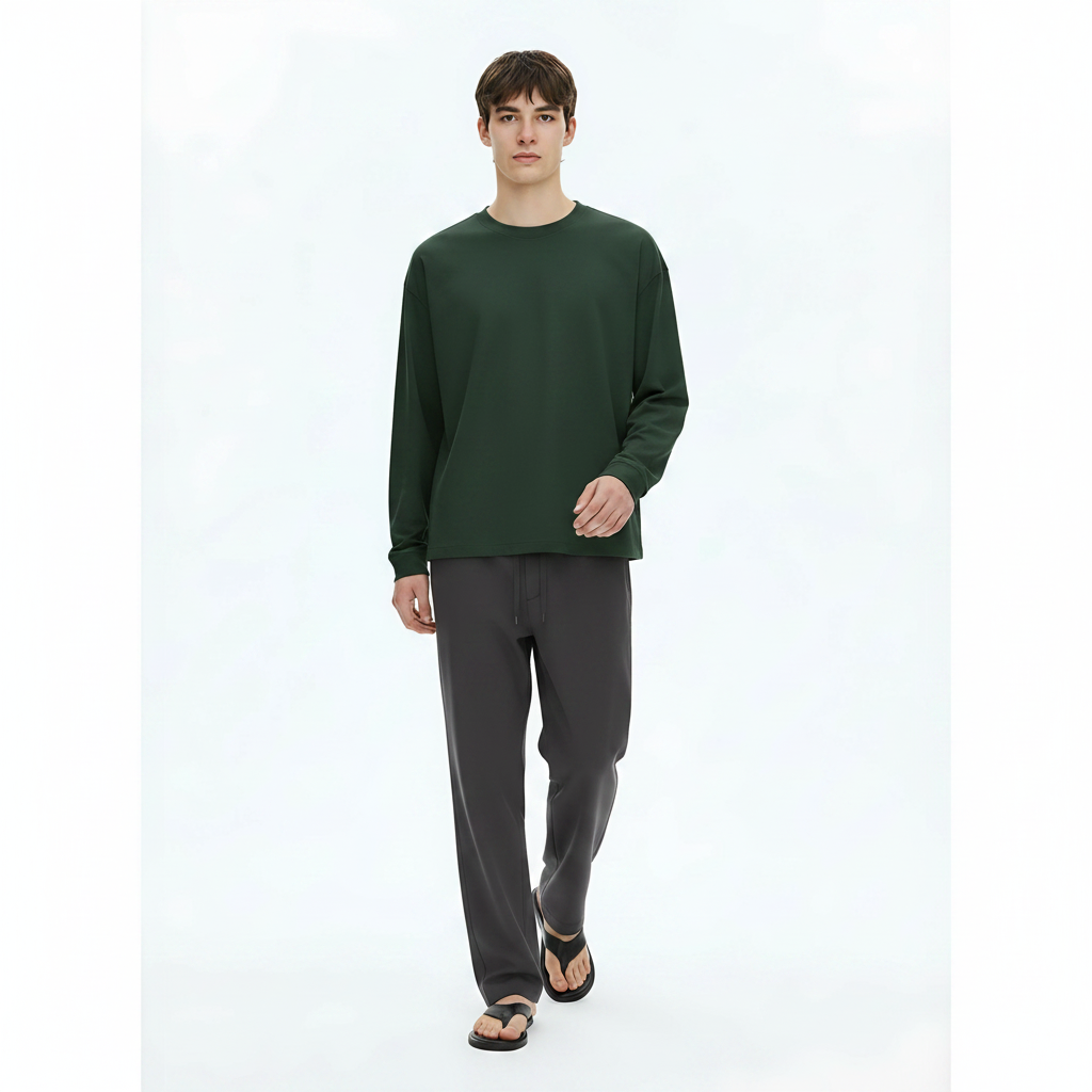 Heavyweight Cotton Long-Sleeve T-Shirt 305g on model - Green front view