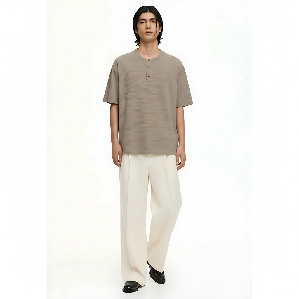 Henley T-Shirt Short Sleeve Oversized on model - Khaki front view