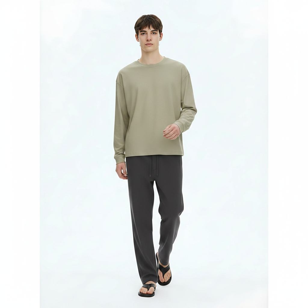 Heavyweight Cotton Long-Sleeve T-Shirt 305g on model - Beige front view