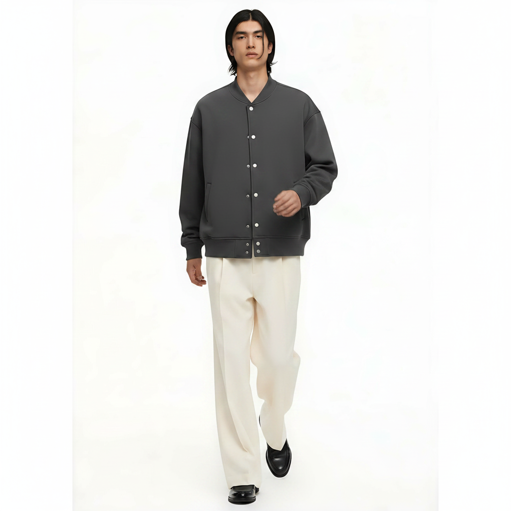 Baseball Jacket Fleece-Lined on model - Dark Gray front view