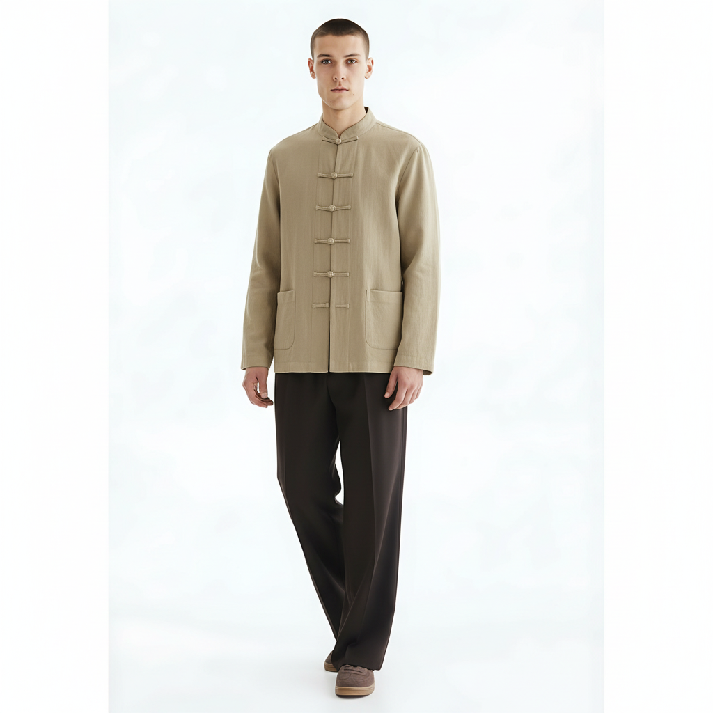 Cotton-Linen Long-Sleeve Overshirt on model - Beige front view
